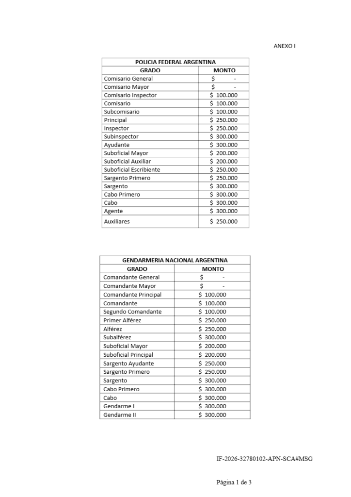 En la antesala a lo que será una marcha inédita protagoniza por todas las fuerzas de seguridad federales, el Gobierno oficializó el pago de un bono por única vez de $40.000.