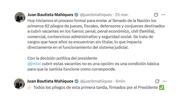 El ministro de Justicia, Juan Bautista Mahiques, confirmó el envió de los pliegos para llenar las vacantes del Poder Judicial. 