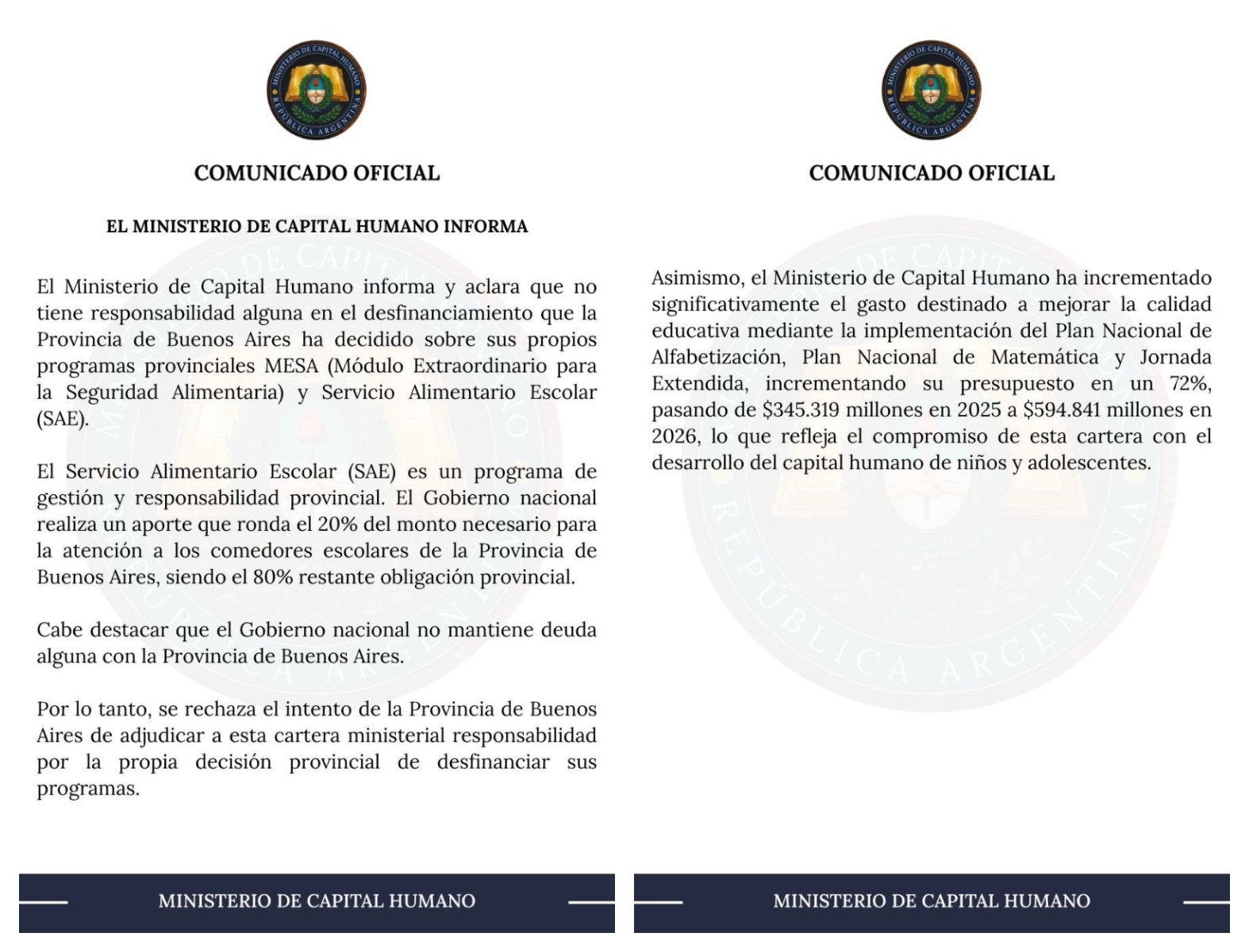 El Ministerio de Capital Humano se desligó del financiamiento del programa MESA y SAE que funcionan en la provincia de Buenos Aires bajo la órbita de la cartera de Desarrollo de la Comunidad. 