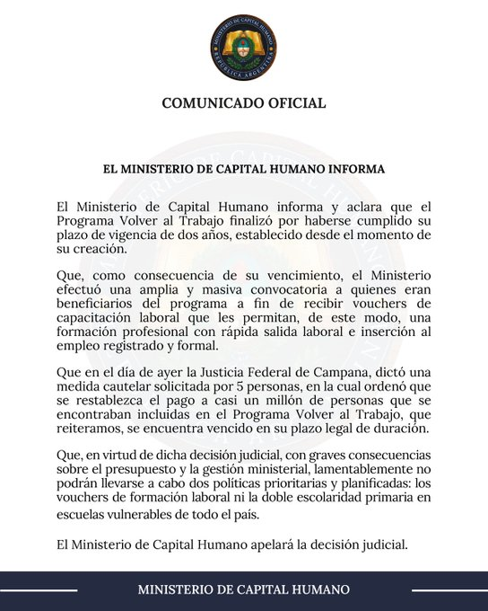 Comunicado del Ministerio de Capital Humano en donde se eliminó el programa el Potenciar Trabajo. 
