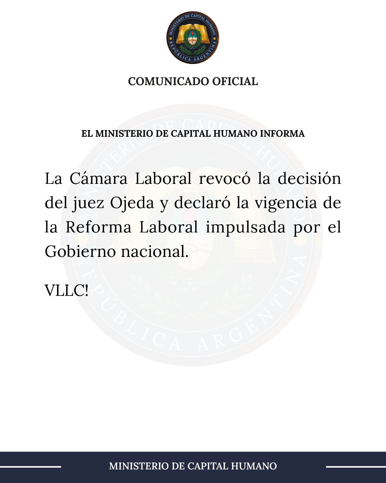 Reforma laboral: el Ministerio de Capital Humano celebró el fallo de la Cámara Nacional del Trabajo.