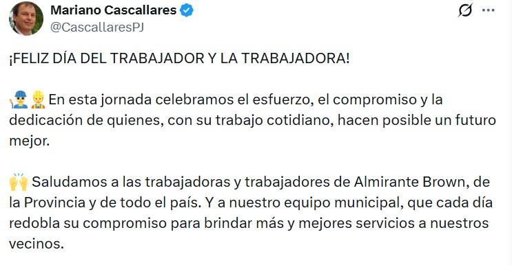 Día del Trabajador: el mensaje del vicepresidente de la Cámara de Diputados bonaerense, Mariano Cascallares.