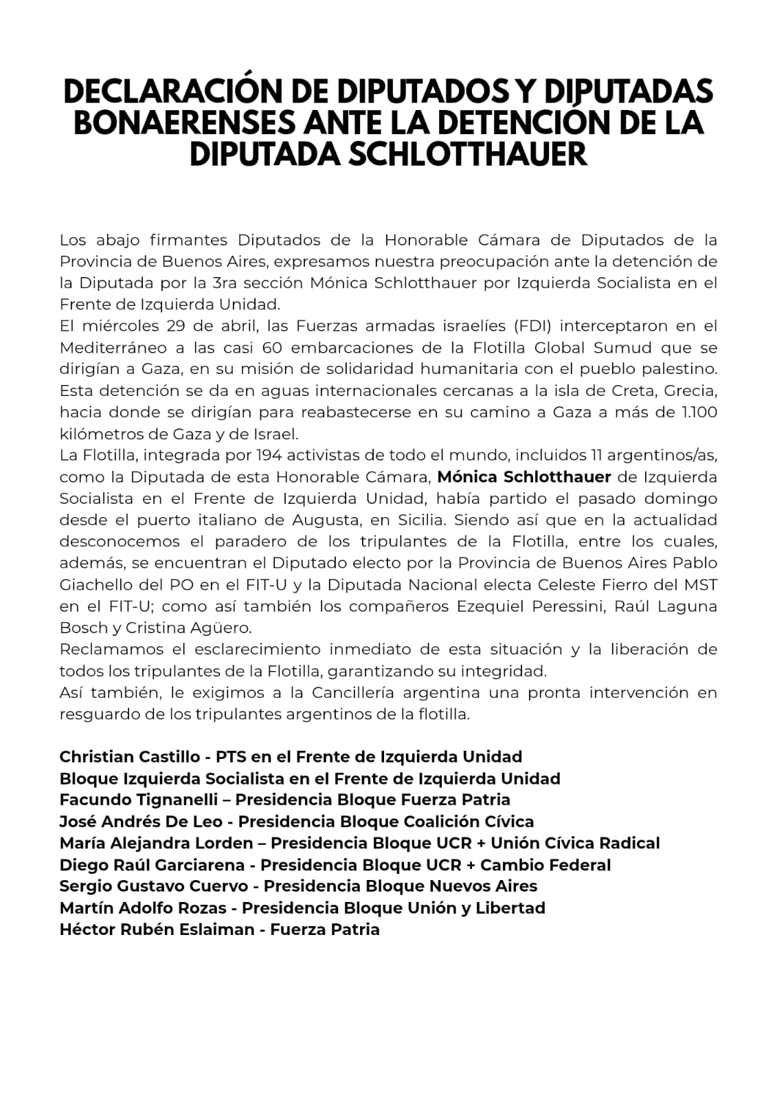 El comunicado firmado por legisladores de varios espacios para reclamar la liberación de la diputada Mónica Schlotthauer.