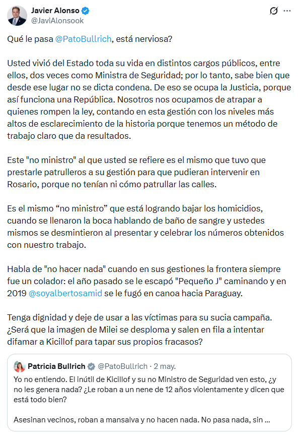 El ministro de Seguridad bonaerense, Javier Alonso, volvió a cruzar a la senadora nacional, Patricia Bullrich, tras un robo en La Plata. 