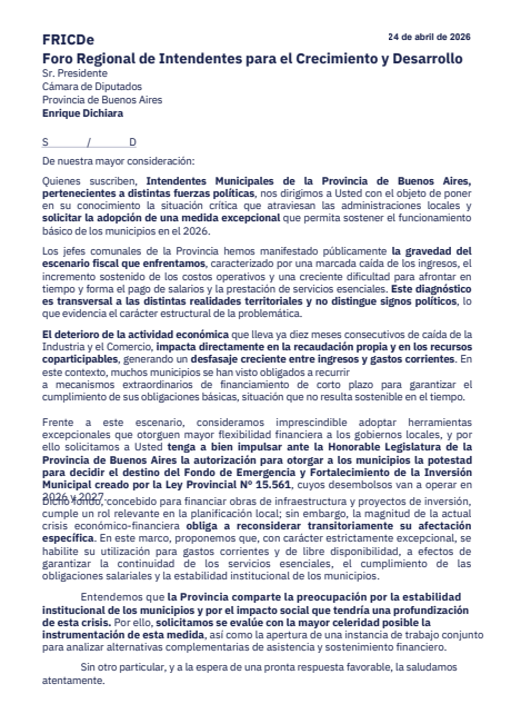 La primera nota que le enviaron los intendentes al titular de la Cámara Baja bonaerense, Alejandro di Chiara, por los fondos del endeudamiento. 