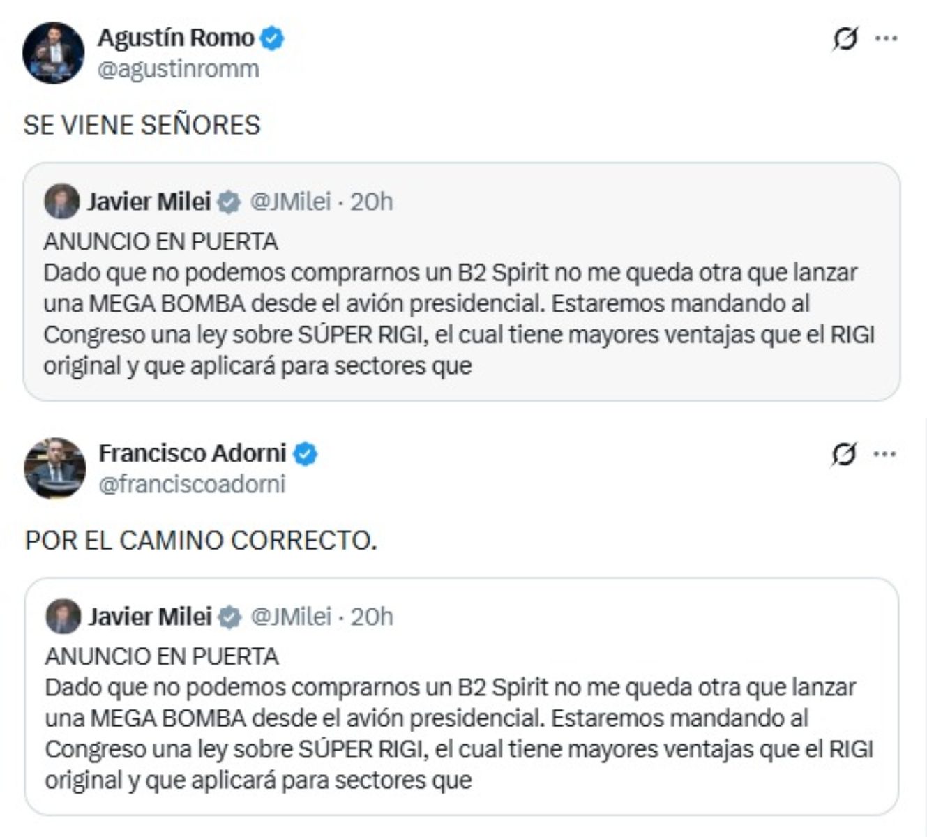 Agustín Romo y Francisco Adorni también celebraron el anuncio de Milei sobre una ley de ampliación del RIGI.