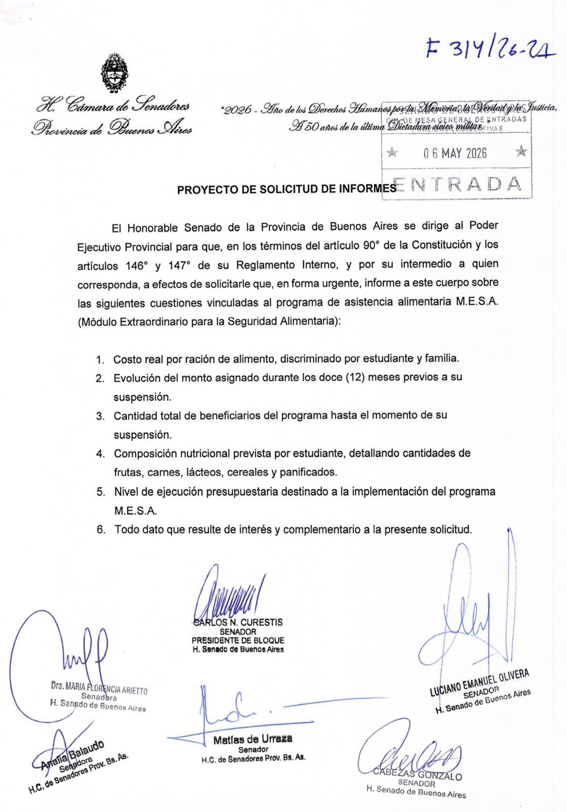 El proyecto elevado por senadores de LLA en relación con la suspensión del programa MESA.