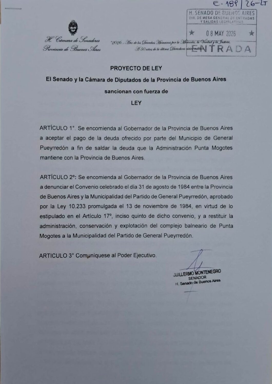 Fernando Muro recordó el proyecto que presentó Montenegro el viernes pasado para municipalizar Punta Mogotes. 