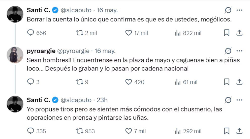 Santiago Caputo cruzó al CM de Martín Menem en redes sociales y mantuvo una breve conversación con un militante libertario. 