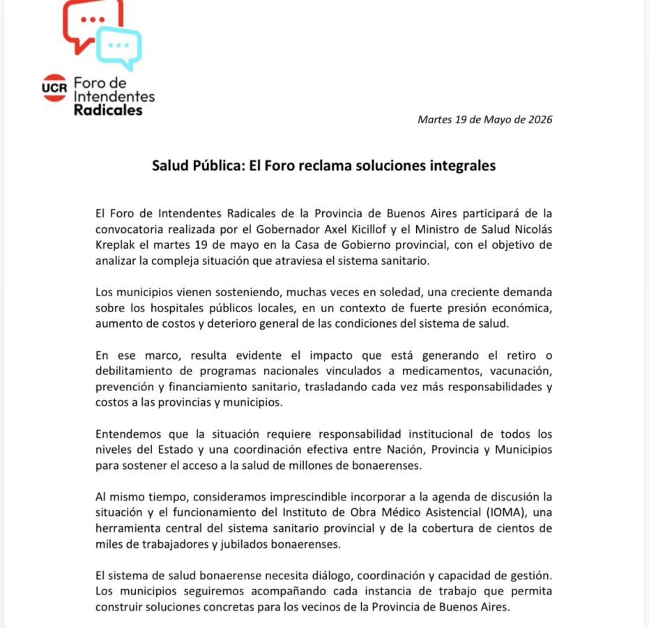 A través del comunicado, los intendentes radicales alertaron por el aumento de la demanda en hospitales municipales y cuestionaron el retiro de programas nacionales de salud.