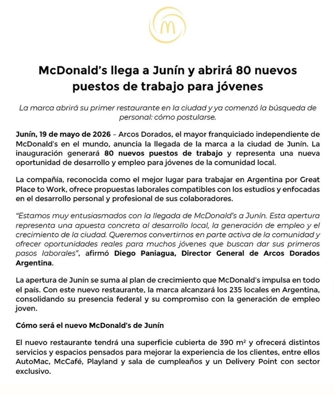 El comunicado de Arcos Dorados donde anuncian la apertura de la sucursal número 235 de McDonalds en el país.