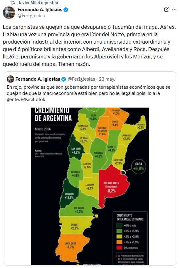 El presidente, Javier Milei, quedó envuelto en una nueva controversia, luego de compartir en redes sociales un mapa argentino con errores demográficos.