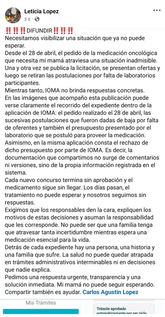 Leticia López denuncia que el IOMA demora una medicación oncológica vital para su madre, pese a una cautelar judicial. Un caso que reabre el debate sobre la burocracia sanitaria. 
