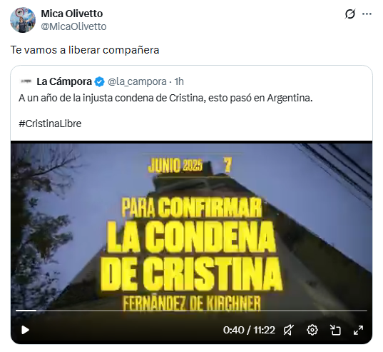 Micaela Olivetto compartió el video de La Cámpora y afirmó: "Te vamos a liberar". 