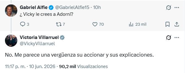 La fórmula presidencial salió en tándem a hablar del jefe de Gabinete, Manuel Adorni, mientras Javier Milei, volvió a respaldarlo, Victoria Villarruel, lo criticó.
