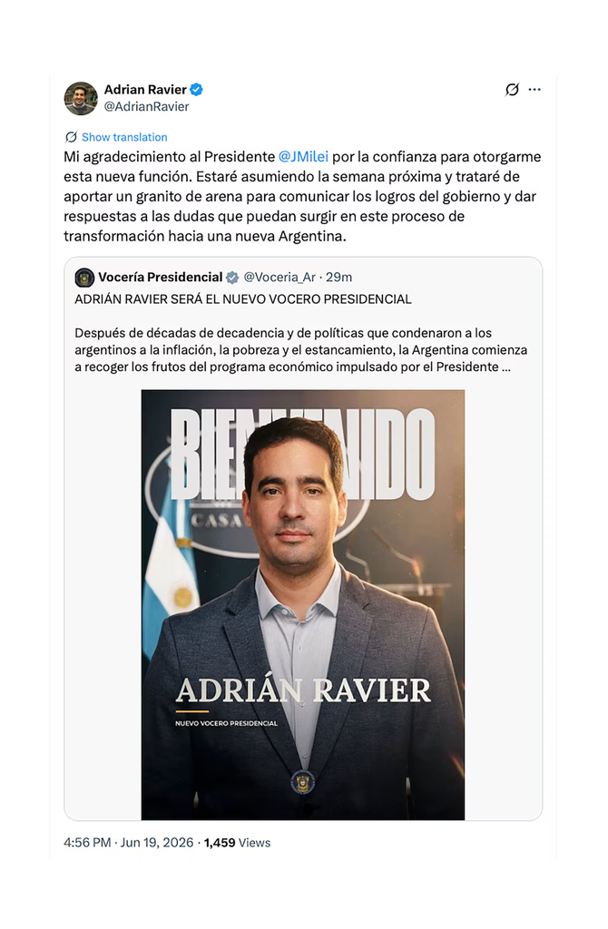 El flamante vocero presidencial, Adrián Ravier, habló por primera vez desde su designación. “Tratare de aportar para comunicar los logros del Gobierno nacional”, aseguró. 