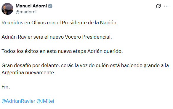 El presidente, Javier Milei, pondrá en funciones a Adrián Ravier como nuevo vocero presidencial, en la jura que se realizará en el Salón Blanco de la Casa Rosada.