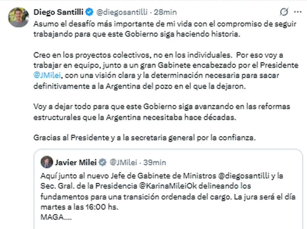 El ex ministro del Interior, Diego Santilli, asume este martes como jefe de Gabinete de la era de Javier Milei. Será el cuarto recambio desde que comenzó la gestión libertaria.  