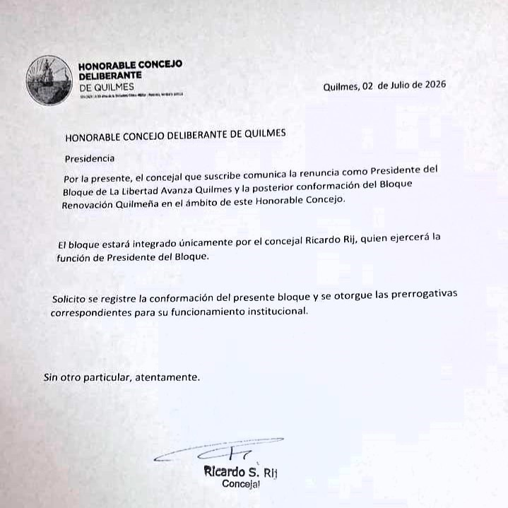 Apenas una semana después de asumir como presidente de bloque de La Libertad Avanza en Quilmes, el concejal Ricardo Rij, abandonó el espacio y se sumó al armado de Sergio Massa.