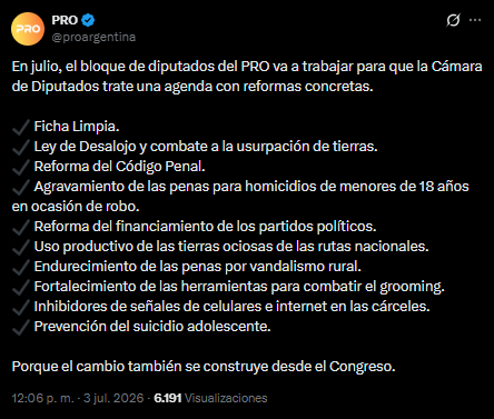 El PRO anticipó en redes sociales el temario que buscará empujar en el Congreso nacional durante julio.