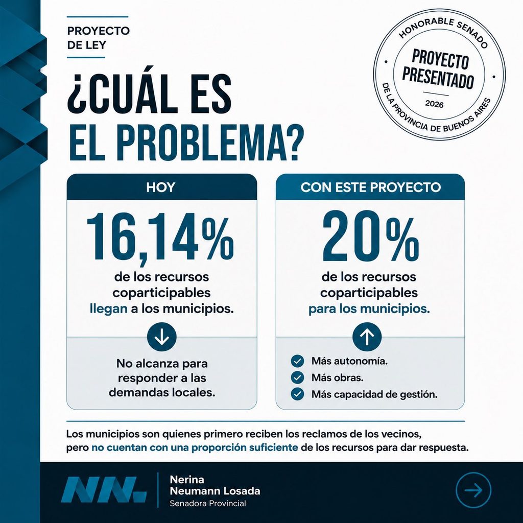 A través de una publicación en redes, Neumann reclamó más herramientas para los municipios y promovió su proyecto para elevar al 20% los fondos coparticipables.