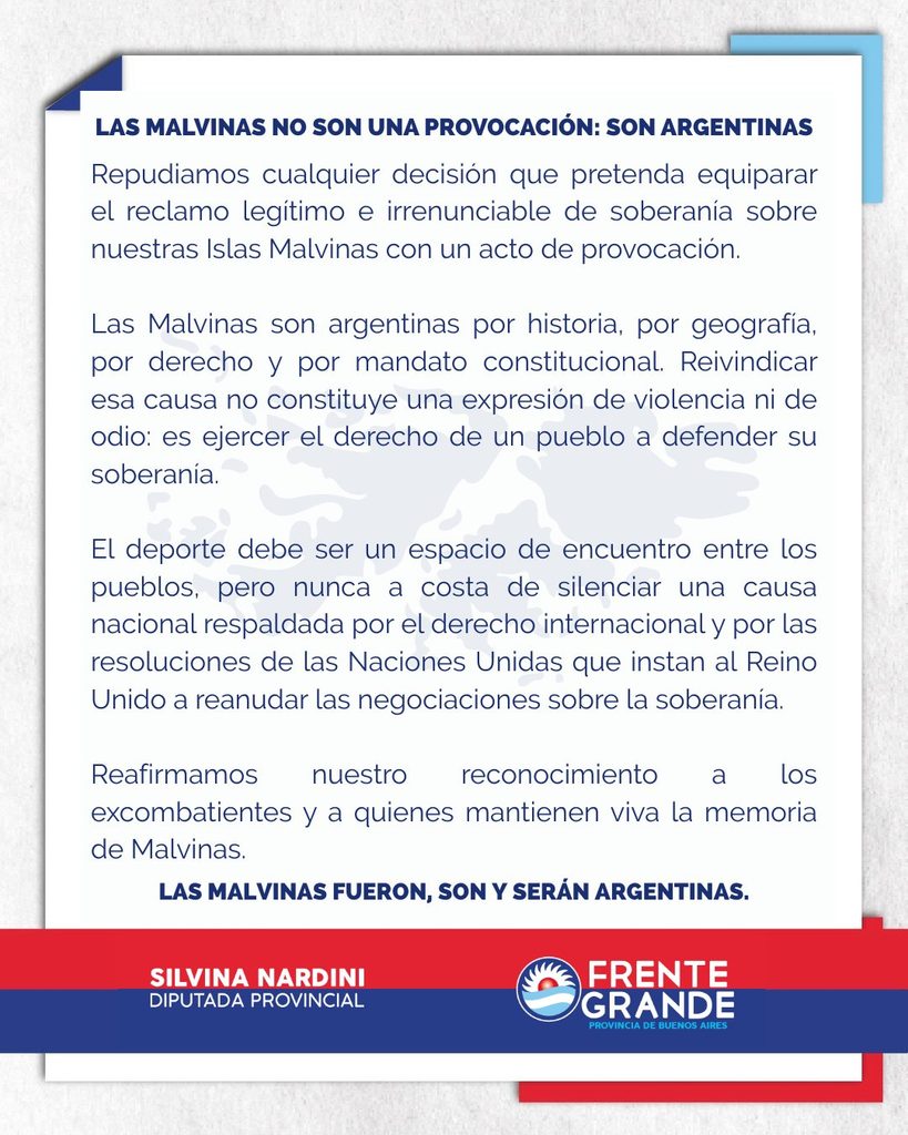 Ante las declaraciones de la ministra de Seguridad, la legisladora Silvina Nardini rechazó que el reclamo de soberanía sobre Malvinas sea considerado una provocación.