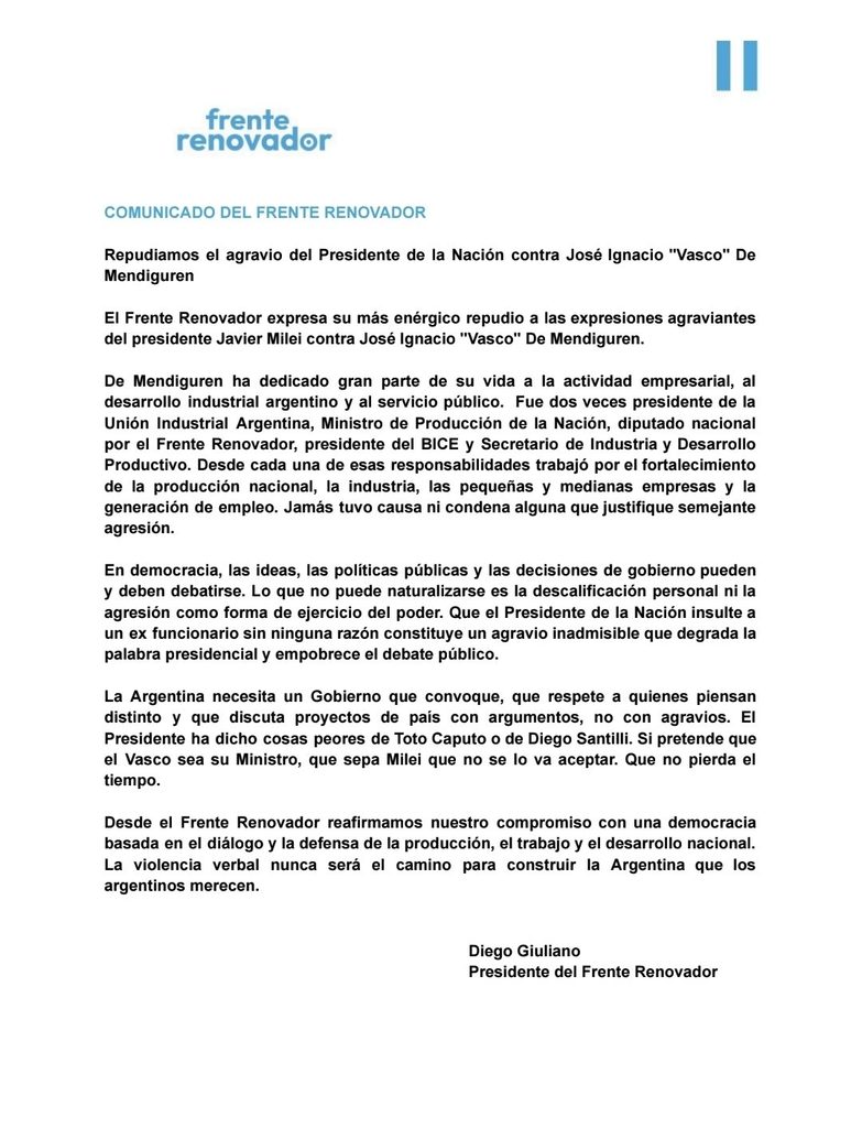 El Frente Renovador repudió los agravios de Milei contra De Mendiguren y advirtió que “la violencia verbal nunca será el camino”.