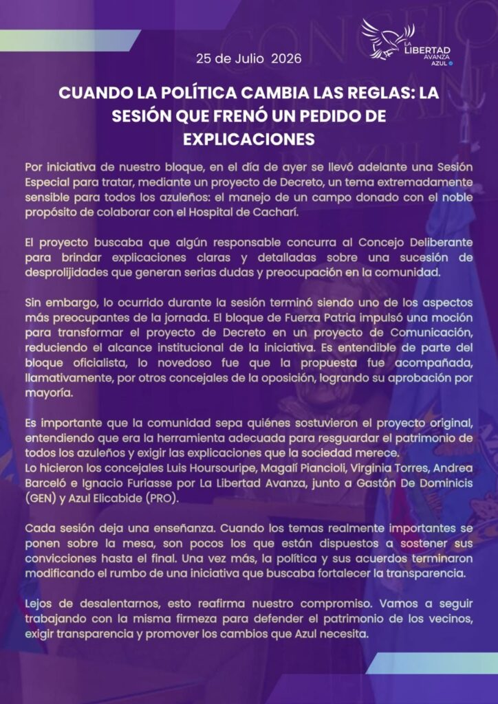 Concejales libertarios salieron con los tapones de punta a cruzar a los ediles de la oposición por bloquear la interpelación del intendente de Azul, Nelson Sombra.  