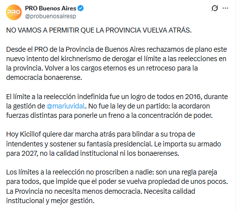 El PRO bonaerense también rechazó la idea de volver a discutir las reelecciones indefinidas para los intendentes. 