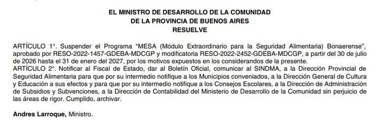 Con la firma del ministro de Desarrollo de la Comunidad, Andrés Larroque, la Provincia extendió la suspensión del programa MESA hasta 2027.