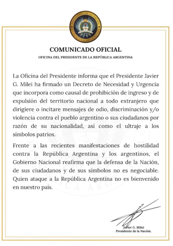 Así anunció la Oficina del Presidente la nueva decisión de Milei de endurecer las condiciones para expulsar extranjeros de la Argentina. 