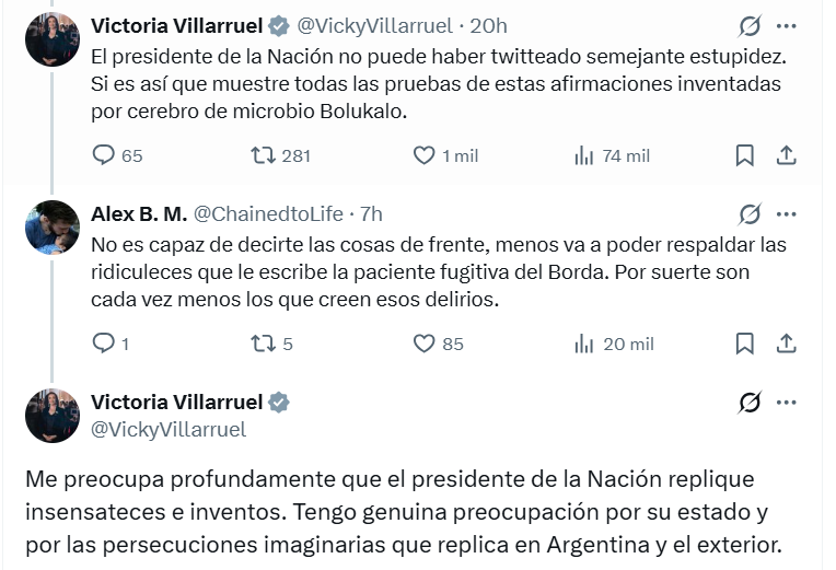 A través de sus redes sociales, Villarruel expresó su preocupación por "las persecuciones imaginarias" de Milei.