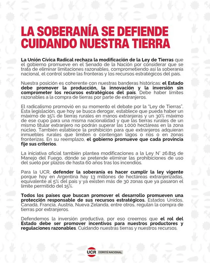 La UCR nacional emitió un comunicado para convencer a los senadores radicales indecisos de votar contra la Ley de Tierras. 