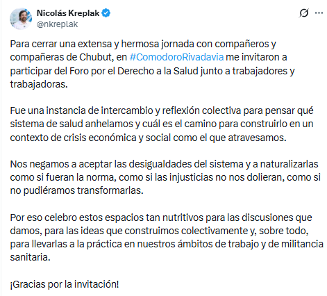El mensaje de Kreplak tras su paso por Chubut.