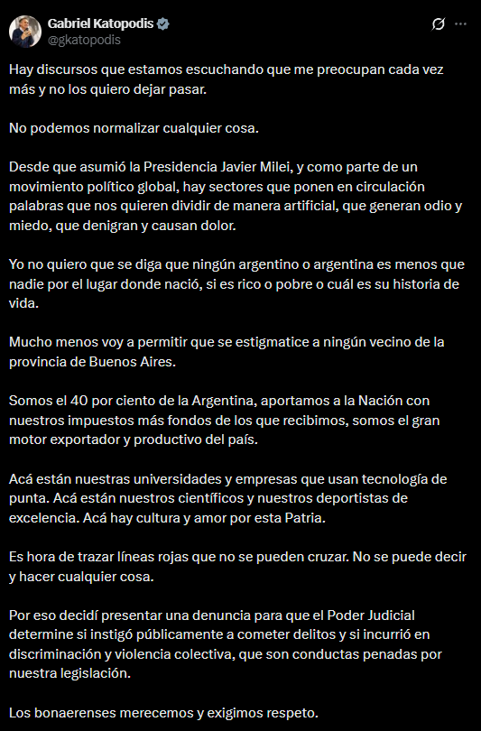El mensaje en redes de Gabriel Katopodis.
