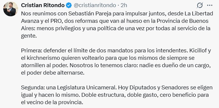 Rechazo a las reelecciones indefinidas y unicameralidad: Cristian Ritondo detalló la estrategia conjunta con La Libertad Avanza.
