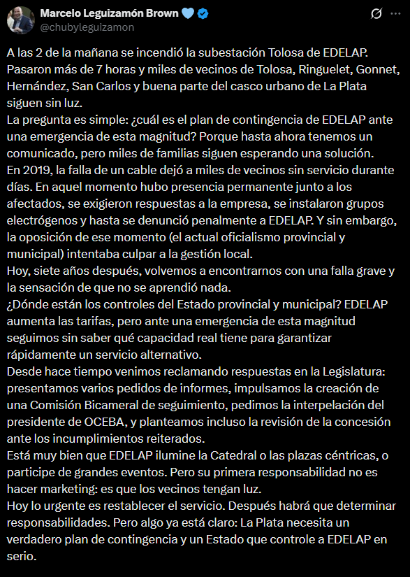 El mensaje del senador de Hechos, Marcelo Leguizamón, sobre el corte de luz en La Plata.