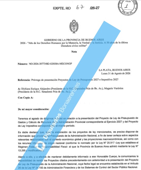 La carta enviada por López y Kicillof a la Legislatura para avisar la demora en el envío del Presupuesto 2027.