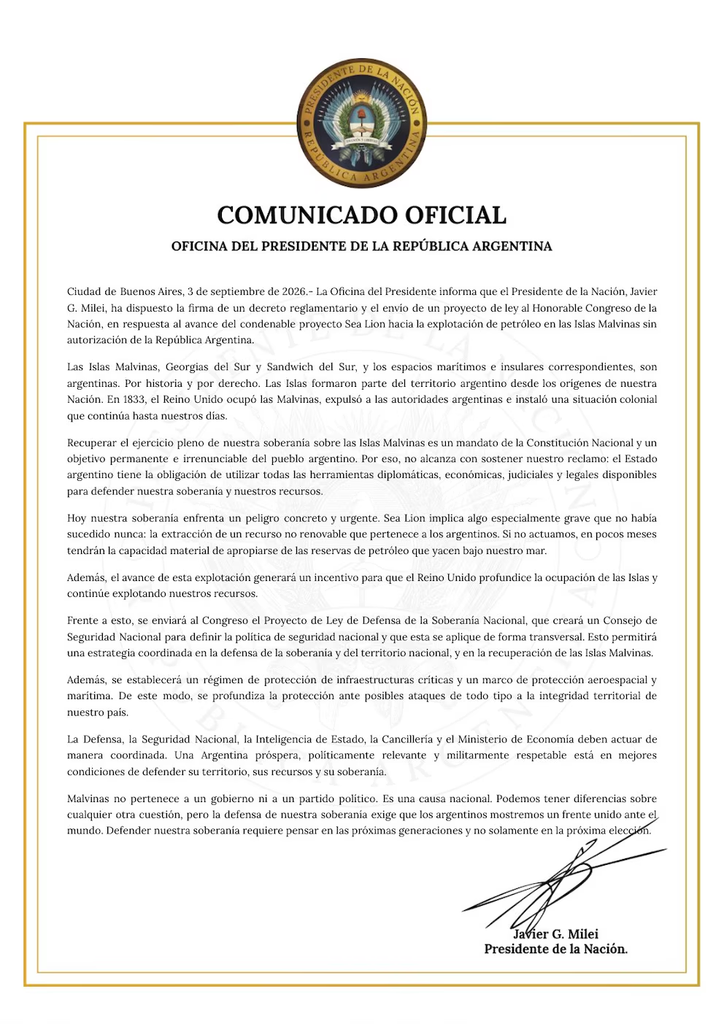 Por cadena nacional, el presidente Javier Milei adelantó sanciones a empresas que pretendan explotar recursos en las Islas Malvinas, así como la creación de un Consejo de Seguridad. 