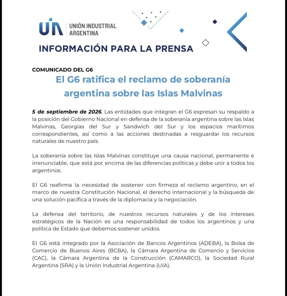 El G6 emitió un comunicado para respaldar la posición de Milei sobre la soberanía de las Islas Malvinas. 