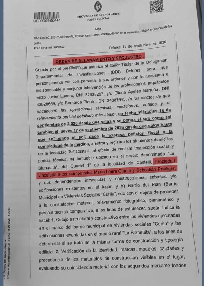 La causa judicial contra Olguín y Prediger investiga presuntas irregularidades en el uso de materiales, fondos y recursos del municipio de Castelli.