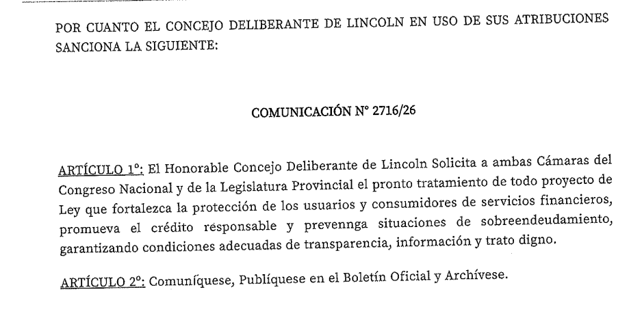 El proyecto aprobado por el Concejo Deliberante de Lincoln que pide acelerar el debate en la provincia de leyes vinculadas al sobreendeudamiento.