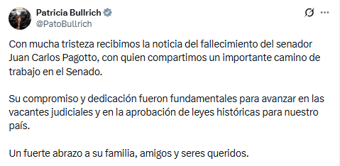 La presidenta del bloque de senadores nacionales de La Libertad Avanza, Patricia Bullrich, despidió al legilsador riojano fallecido. 
