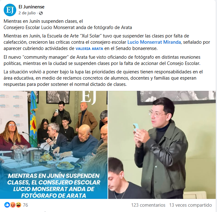 El posteo del medio de Junín que motivó a Arata a cerrar la comisión de Presupuesto e Impuestos del Senado bonaerense. 