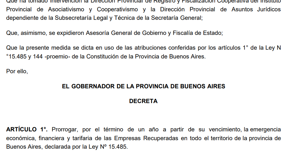 El decreto de Kicillof que prorrogó por un año la ley de emergencia de empresas recuperadas fue promulgado el 23 de septiembre de 2025.