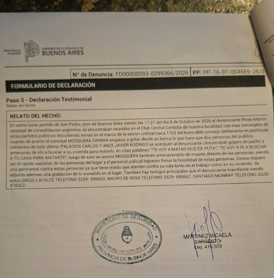 Tras los incidentes en el Concejo Deliberante, el edil agredido radicó la denuncia ante la Policía. 