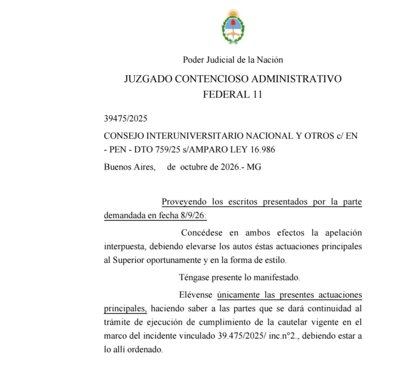 El Gobierno de Javier Milei apeló el fallo que declaró inconstitucional el decreto con el que había condicionado la aplicación de la Ley de Financiamiento Universitario.