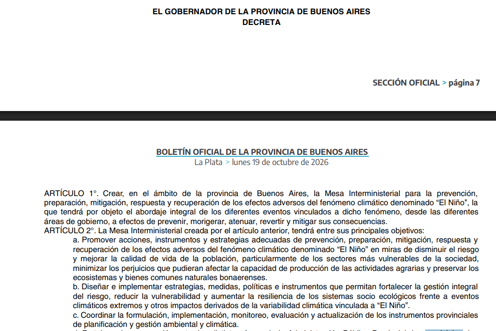 El Niño: el decreto publicado este lunes por el gobierno de Axel Kicillof.
