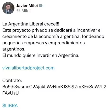 El tweet del presidente Javier Milei promocionando el token que lo involucró en el caso $LIBRA, el 14 de febrero de 2025. 

